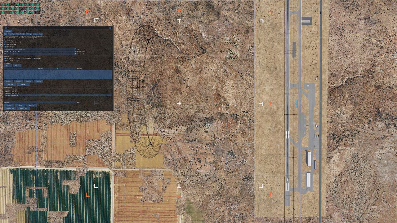 Top-down view of a wireframe aerobatic box and white ground markers beside a runway.