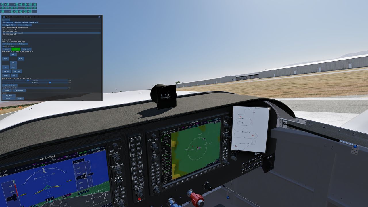 Pilot card in the cockpit, with the runway visible ahead.